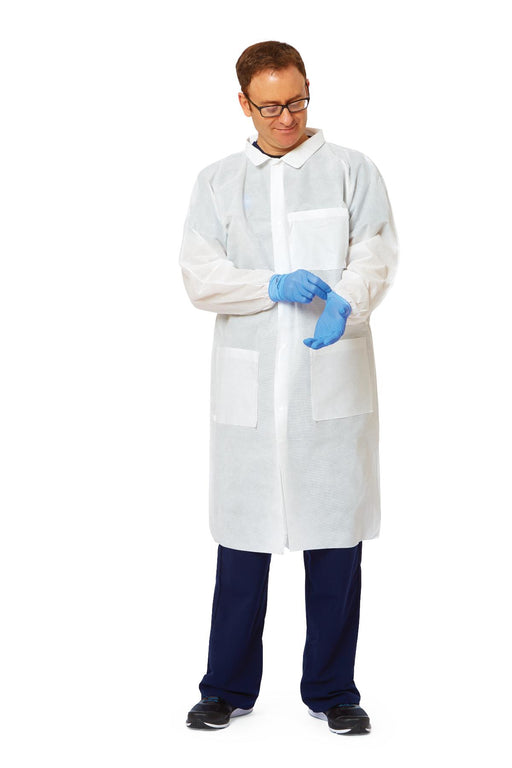 Disposable Knit-Cuff Multilayer Lab Coats with Traditional Collar,White,Medium 30 (CS)